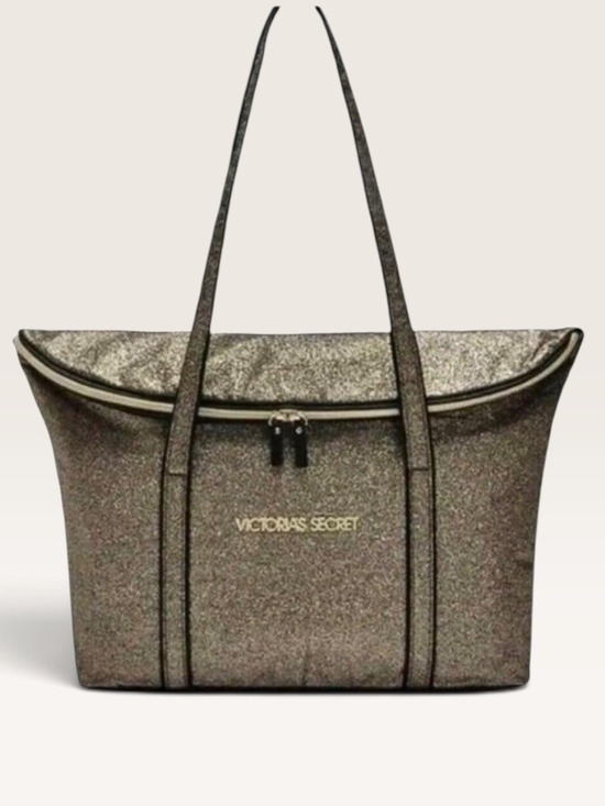 Victoria's Secret Handbags - Victoria's Secret Black Metallic Gold Glitter Zipper Weekender Travel Tote Bag